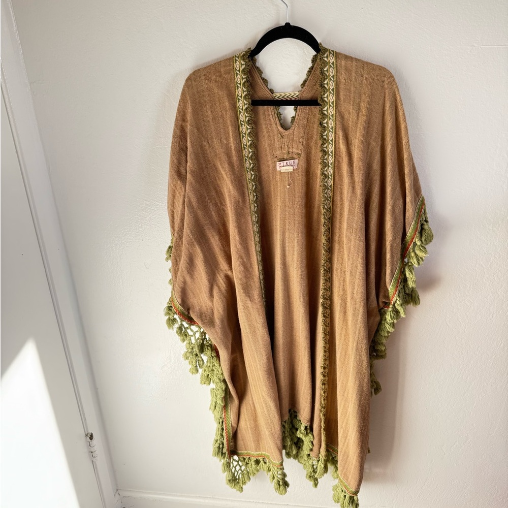 Bohemian Tan Poncho with Green Fringe - Organic Cotton Kimono Shawl
